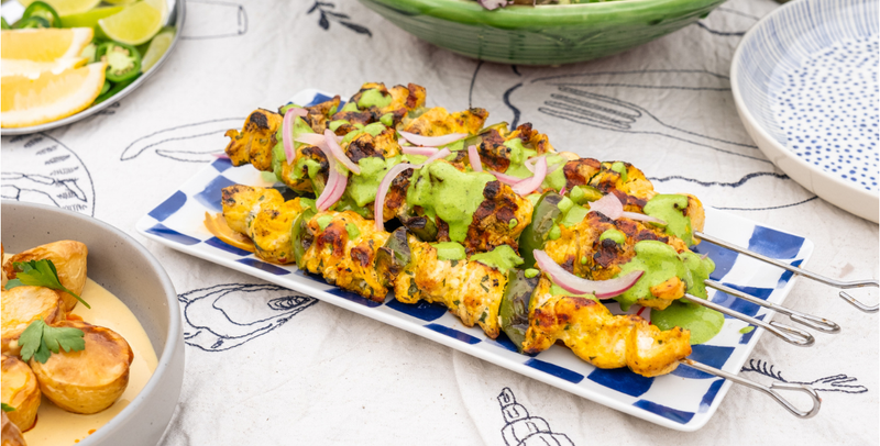 Charred Turmeric Chicken Skewers with Brothy Yoghurt Dressing