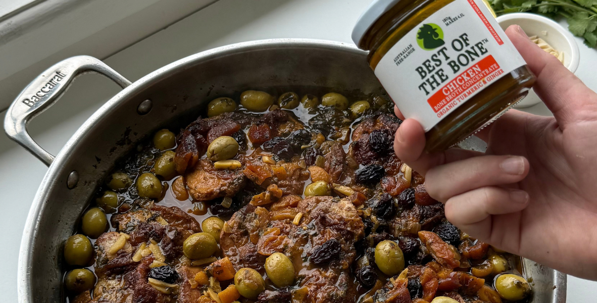 Moroccan One-Pan Chicken with Olives, Apricots & Turmeric Bone Broth