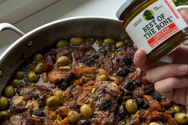 Moroccan One-Pan Chicken with Olives, Apricots & Turmeric Bone Broth