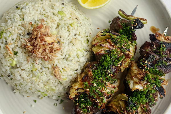 Bone Broth Glazed Beef & Cabbage Skewers with Miso Furikake Rice
