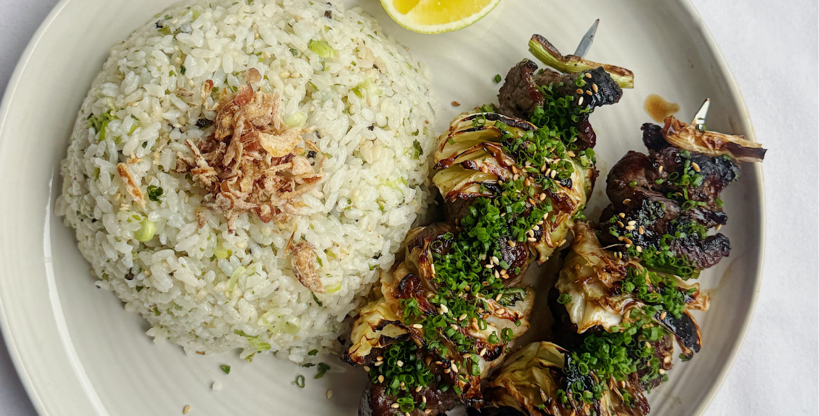 Bone Broth Glazed Beef & Cabbage Skewers with Miso Furikake Rice