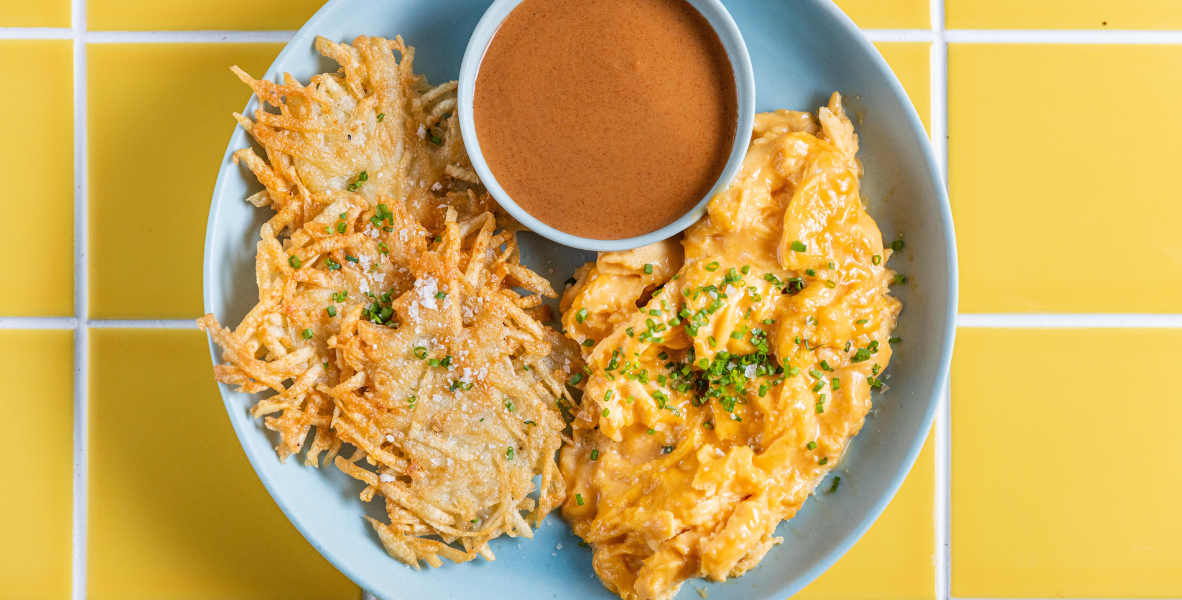 Luke's Miso Scrambled Eggs on Crispy Tallow Hash Browns